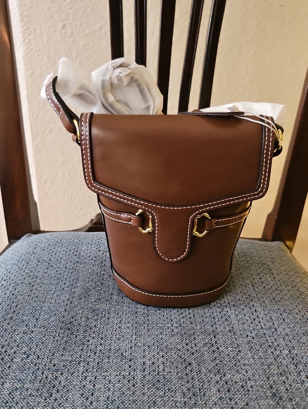 Brown Leather Bucket Crossbody Bag